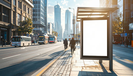 Blank billboard on bus stop in the city. 3d renderingの素材
