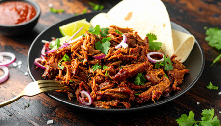 Traditional mexican spicy pulled pork with tortilla chips and salsaの素材