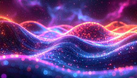 3D illustration of abstract digital wave with glowing particles and bokeh lightsの素材