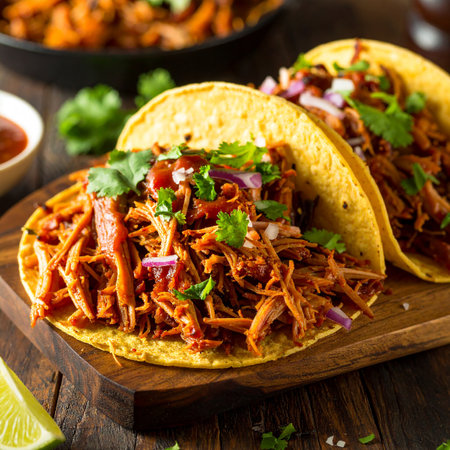 Mexican tacos with pulled pork, cilantro, onion and salsaの素材