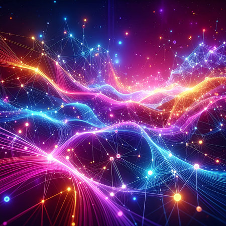 Abstract technology background with glowing lines and particles. 3d illustration.の素材