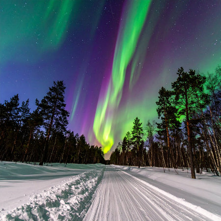 Northern lights (Aurora borealis) over the road in winter forestの素材