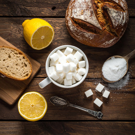 Sliced lemon, sugar and bread on wooden table. Top viewの素材