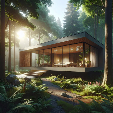 3d rendering of modern cozy house in the forest with beautiful landscapingの素材