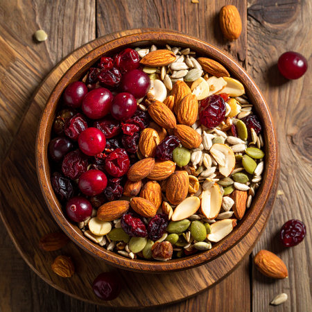 Healthy breakfast bowl with nuts, raisins, cranberries and pumpkin seedsの素材
