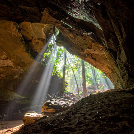 Sun rays coming through the cave in the forest,Thailand.の素材