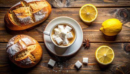 Cup of coffee with lemon and sugar on wooden background top viewの素材