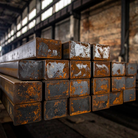 Metal profile beam in a factory, Russia. Metal profile beam in a warehouse.の素材