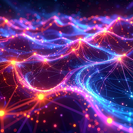 Futuristic technology background with glowing lines and particles. Vector illustration.の素材