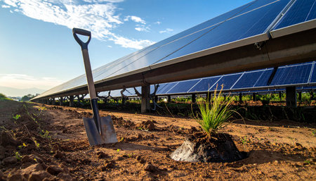 solar energy panels and shovel in the field with blue sky backgroundの素材
