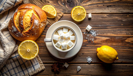 cup of hot cocoa with lemon and cinnamon on wooden background top viewの素材
