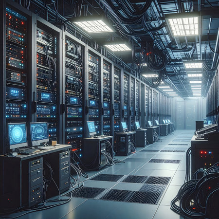 3d render of server room with servers and data center equipment.の素材