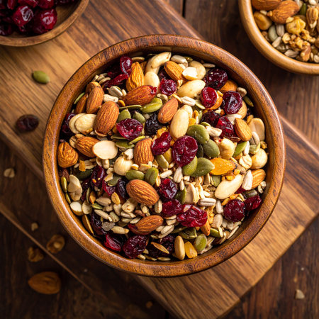 Healthy breakfast bowl with granola, nuts and dried cranberriesの素材