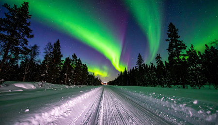 Aurora borealis, northern lights over road in winter forestの素材