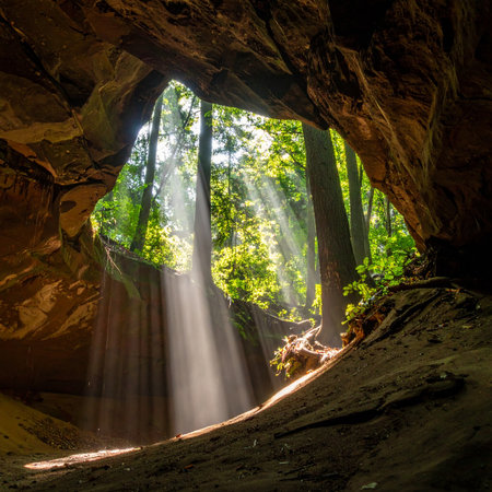 Cave in the forest with rays of light coming through the rocksの素材