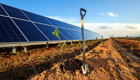solar energy panels and shovel in the field, closeup of photoの素材