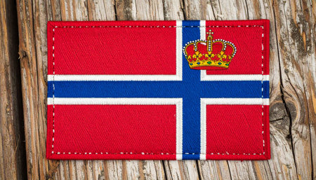 Fabric flag of Norway on a wooden background. National flag of Norwayの素材