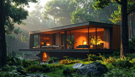 3d rendering of modern cozy house with pool and parking for sale or rent in luxurious style. Dark forest on background.の素材