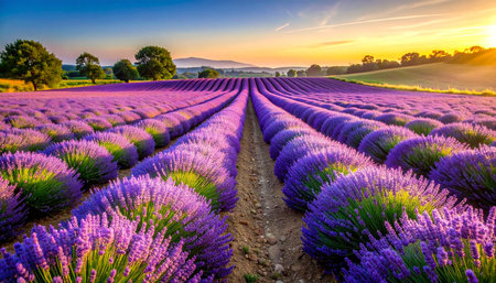 Sunset over lavender fields in Provence, France.の素材