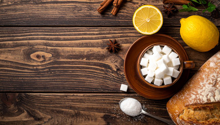 Cup of hot drink with lemon, cinnamon and sugar on wooden backgroundの素材
