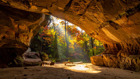 Beautiful autumn colors in a cave in the forest with sun rays.の素材
