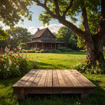 Wooden table in front of a country house in a summer gardenの素材