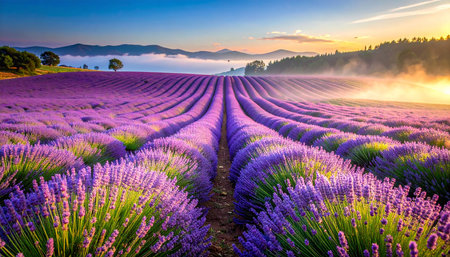 Sunset over lavender field in Valensole, Provence, Franceの素材