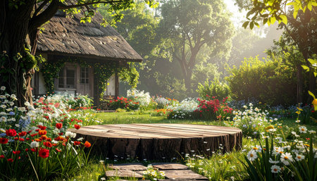 Wooden table in the garden with flowerbed and old house.の素材