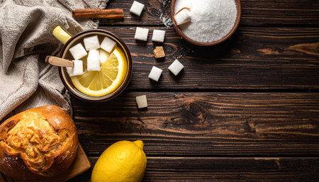 Cup of tea with lemon, sugar and cinnamon on wooden tableの素材