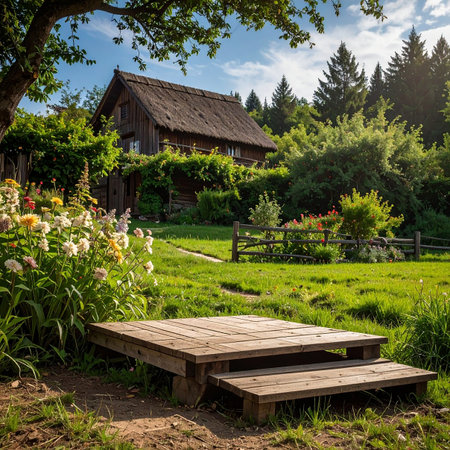 Wooden table and chairs in a summer garden with blooming flowersの素材