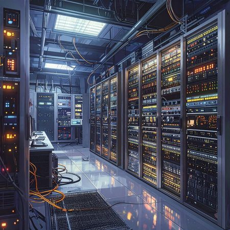 server room data center with rows of server racks. 3d renderの素材