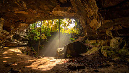 Sunlight through a cave in the middle of the forest, with rocks and sunlightの素材
