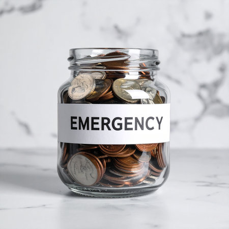 Coins in a glass jar with the label Emergency. Saving concept.の素材