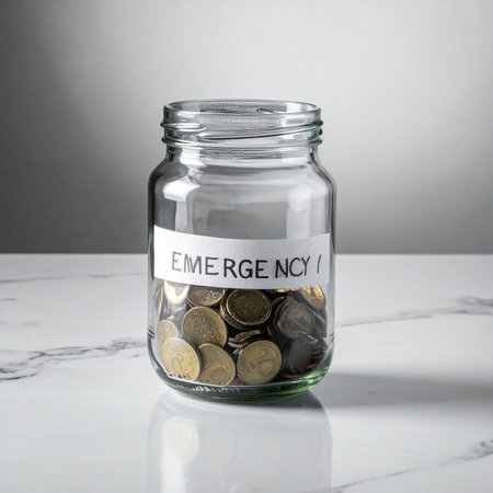 Coins in a glass jar with the label Emergency written in itの素材