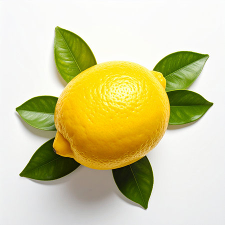 Lemon with green leaves on white background. Flat lay, top viewの素材