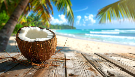 Coconut on wooden table on tropical beach background. Summer vacation conceptの素材