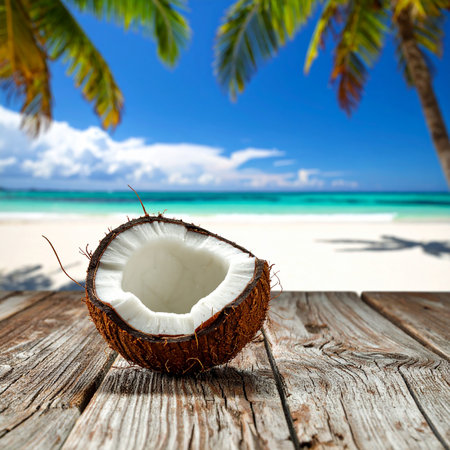 Coconut on a wooden table with a tropical beach in the backgroundの素材