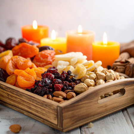 Mix of dried fruits and nuts in a wooden box, selective focusの素材