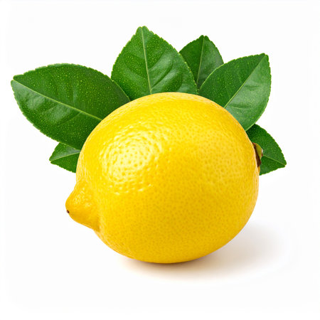 Lemon with leaves isolated on white background. Clipping path includedの素材