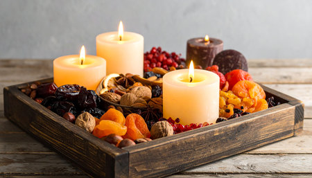Candles with dried fruits and nuts in wooden tray on wooden tableの素材