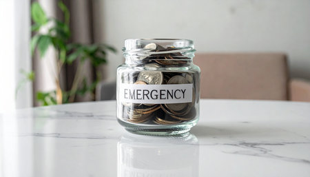 Coins in glass jar with retirement label on table in living roomの素材