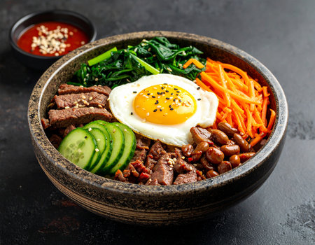 Bibimbap - japanese rice bowl with beef, fried egg and vegetables on dark backgroundの素材