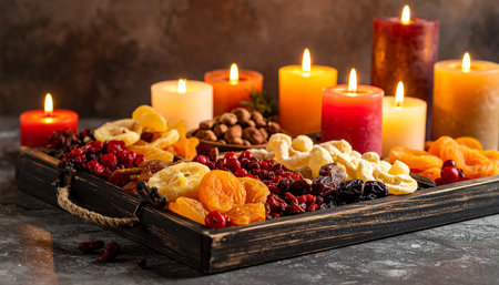 Dried fruits, nuts and candles on a dark stone background.の素材