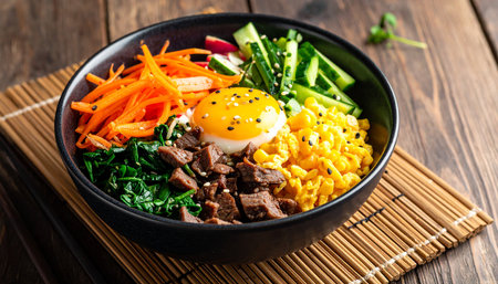 Bibimbap - Korean style rice bowl with beef, vegetables and egg.の素材