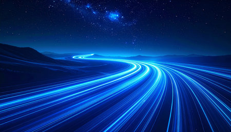 abstract blue light trails on a dark background with mountains and starsの素材