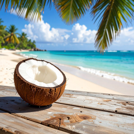 Coconut on wooden table at tropical beach with turquoise water and white sandの素材