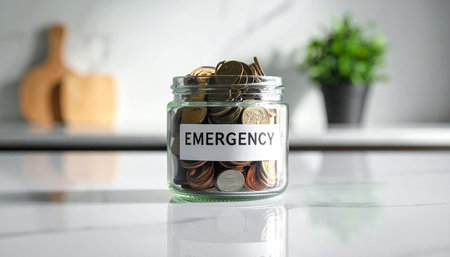 Coins in a glass jar with the label Emergency written in it.の素材