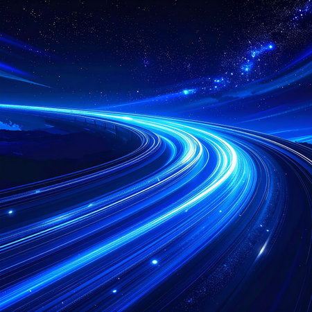 Blue light trails on the night sky. Computer generated abstract background.の素材