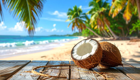 Coconut on wooden table on tropical beach. Summer vacation conceptの素材