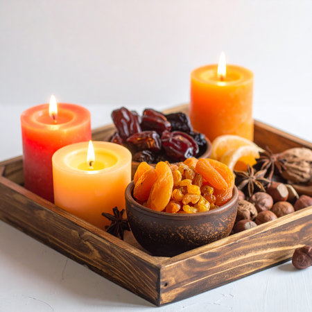 Candles, dried fruits and nuts in wooden tray on white backgroundの素材